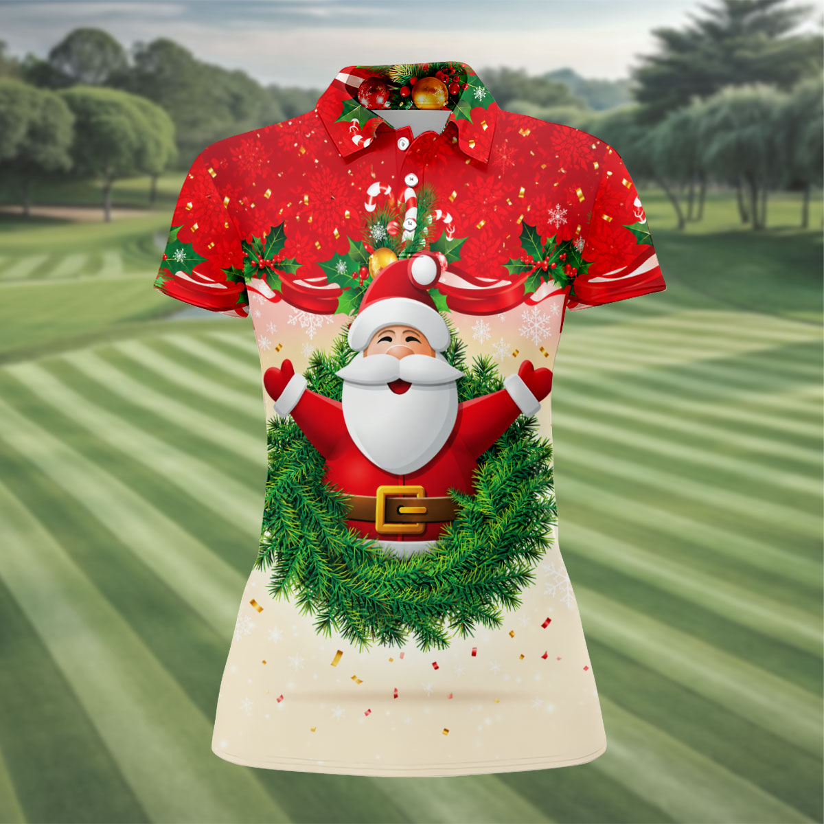 Festive Christmas Santa Wreath Golf Polo Shirt, Women’s Golf Polo, Golf Tops For Women