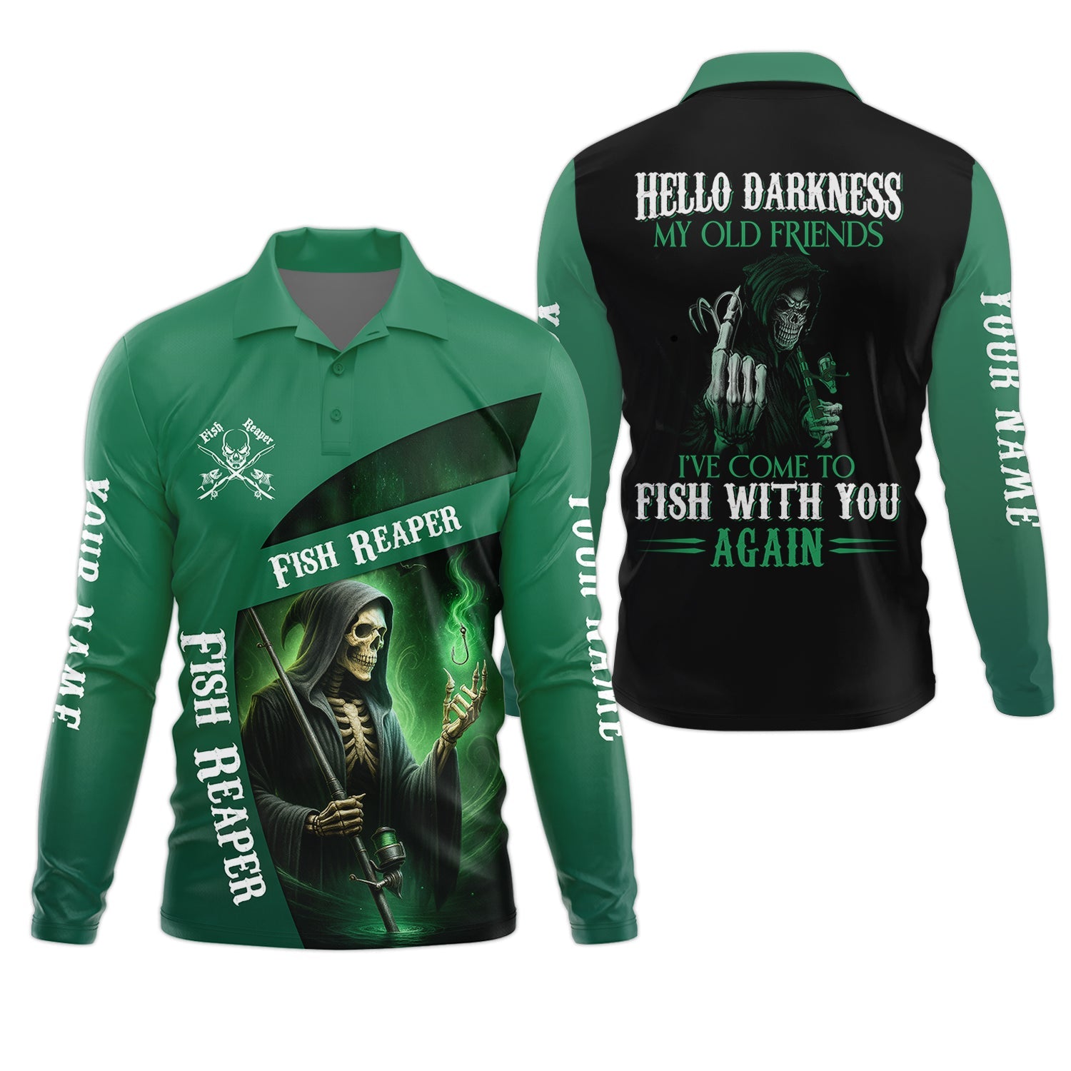 Fish Reaper Fishing UPF Shirts, Best Fishing Gifts, Custom Fishing Shirt, Hello Darkness My Old Friend