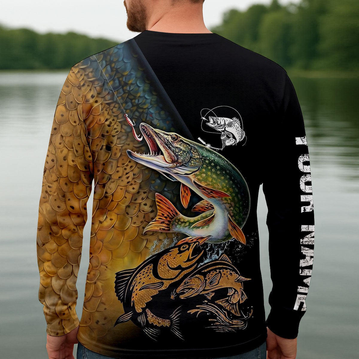 Northern Pike Fishing Gold Brown Scale Pattern Fishing UPF Shirts, Fishing Shirts For Men
