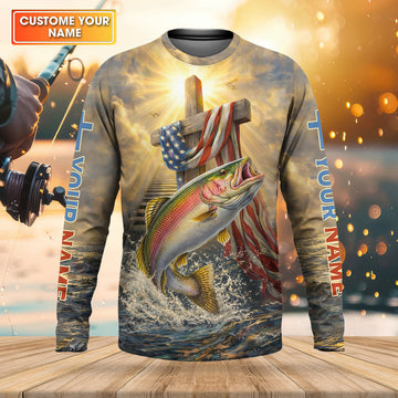 Faith Cross Patriotic Fishing Shirt, Fishing UPF Shirts, 250th Anniversary Fishing Shirts For Men