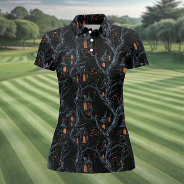Haunted House Halloween Women Golf Top, Black Golf Polo ShirtLadies Golf Shirts, Golfing Apparel