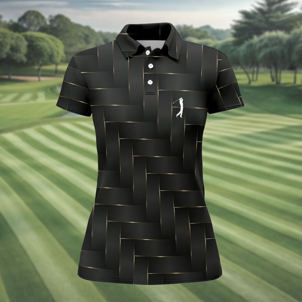 Black And Gold Geometric 3D Pattern Women's Golf Tops, Golf Shirt For Women, Ladies Golf Shirts