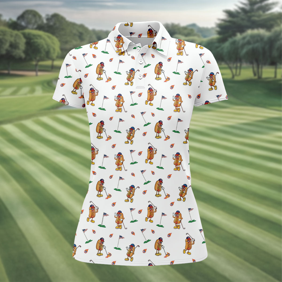 Cartoon Hot Dogs American Flag Pattern 250th Anniversary White Golf Shirt, Women's Golf Tops, Ladies Golf Shirt