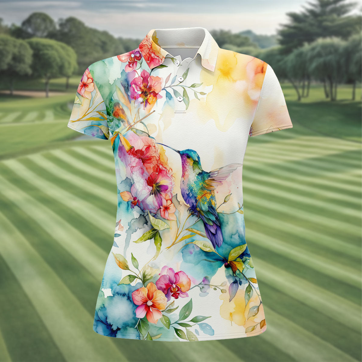 Watercolor Hummingbird Floral Polo Shirt, Ladies Golf Shirts, Women’s Golf Apparel