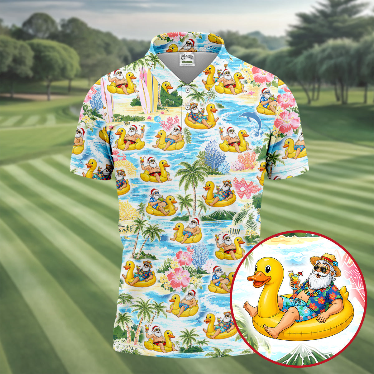 Funny Santa Duck Float Tropical Christmas Polo Shirt, Mens Golf Polo, Hawaiian Golf Shirt