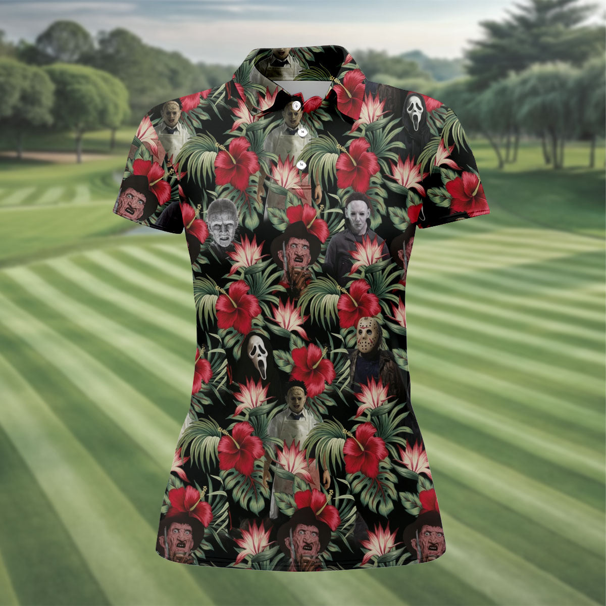 Halloween Tropical Horror Character Golf Shirt, Women's Golf Polo, Printed Golf Shirt