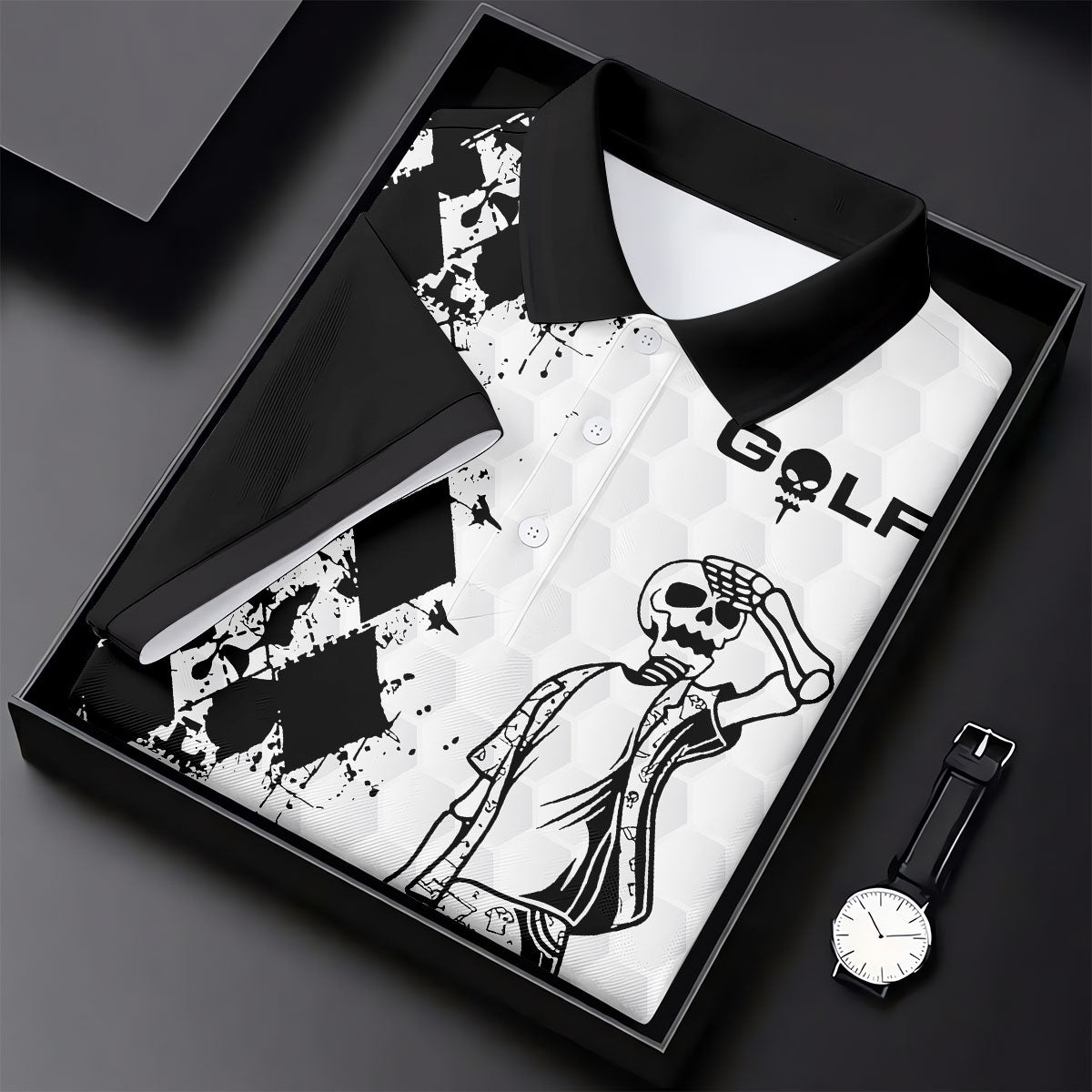 Golf Skeleton Splatter Effect Argyle Pattern Women's Golf Tops, Ladies Golf Shirts