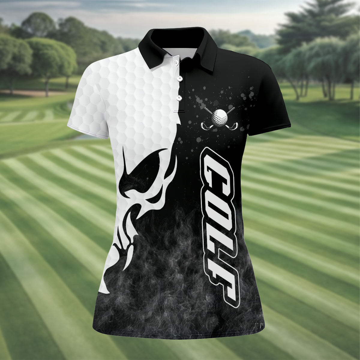 Monochrome Skull Golf Ball Graphic Golf Shirt, Golf Polo For Women, Printed Golf Shirt
