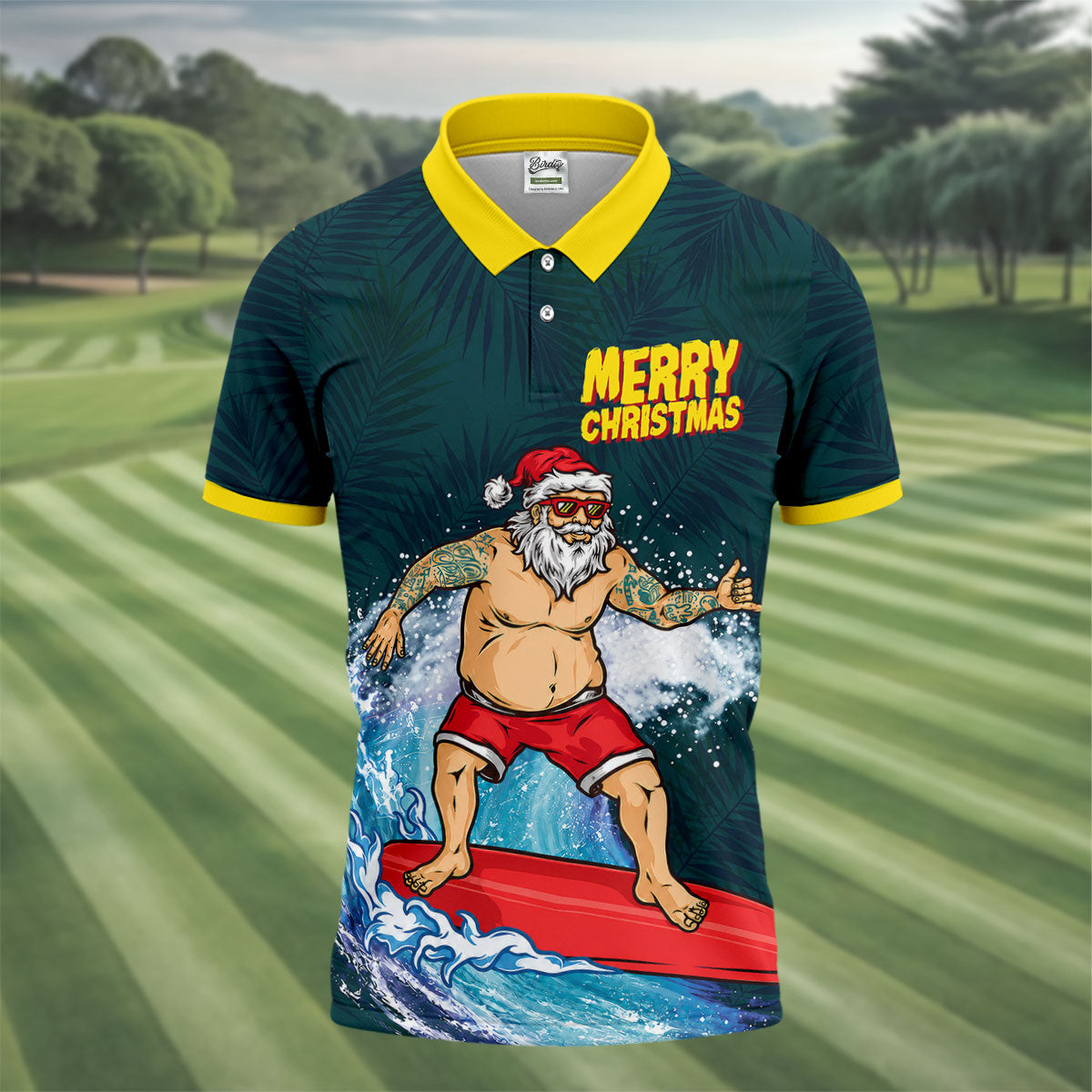 Surfing Santa Mele Kalikimaka Christmas Polo Shirt, Mens Golf Polo, Hawaiian Golf Shirt