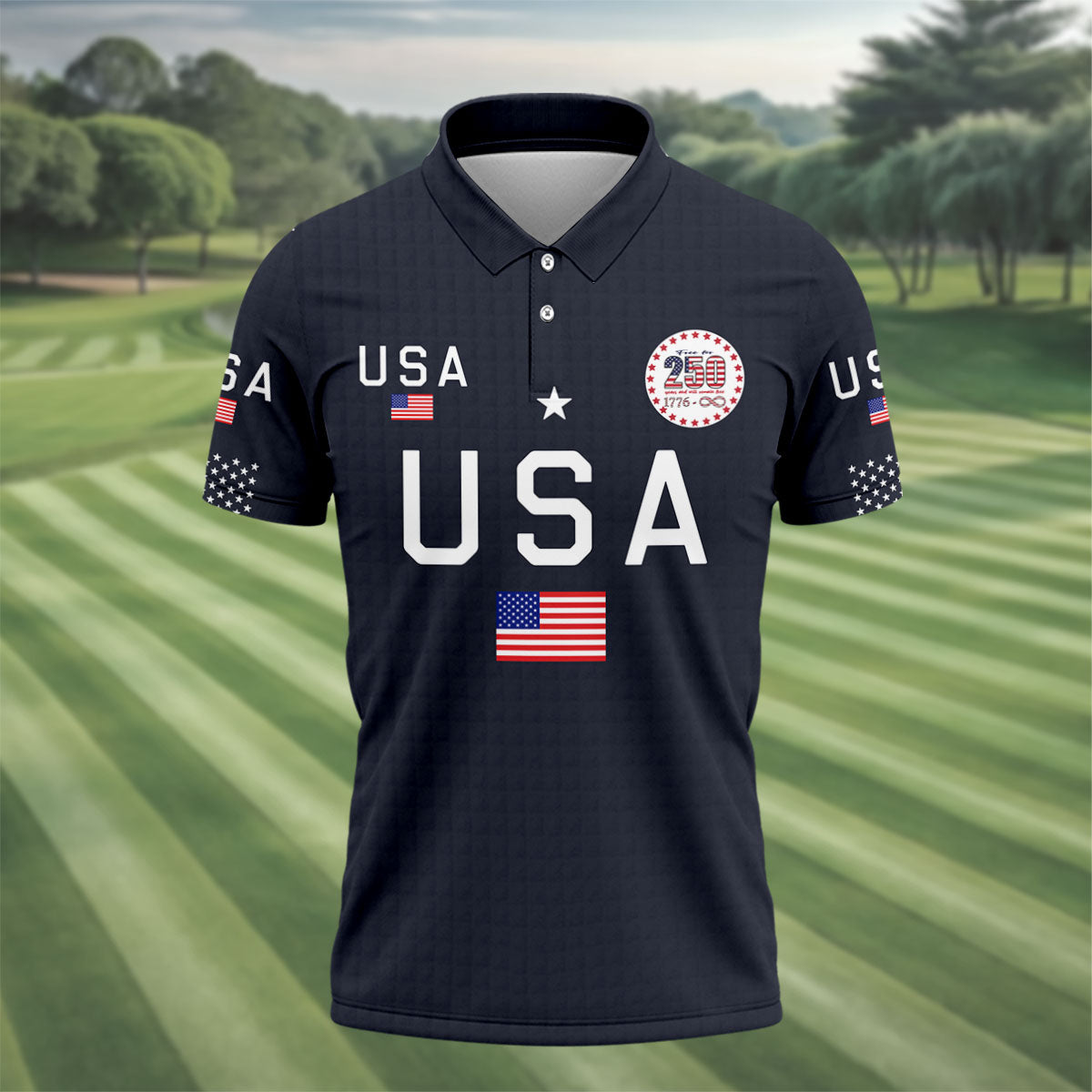 Free For 250 Years Black Patriotic Golf Shirt, 4th Of July Golf Shirt, 250th Anniversary Polo ShirtFor Men