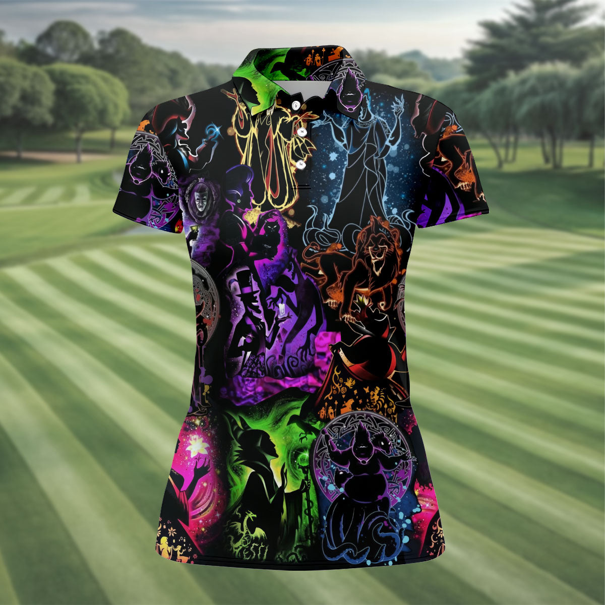 Neon Fantasy Villain Collage Halloween Polo Shirt, Golf Polo For Women, Ladies Golf Top