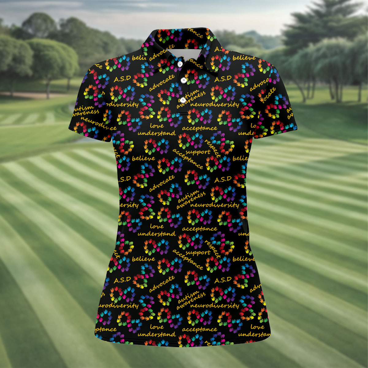 Rainbow Infinity Symbol Autism Awareness Colorful Handprint Women's Golf Tops, Ladies Golf Shirts