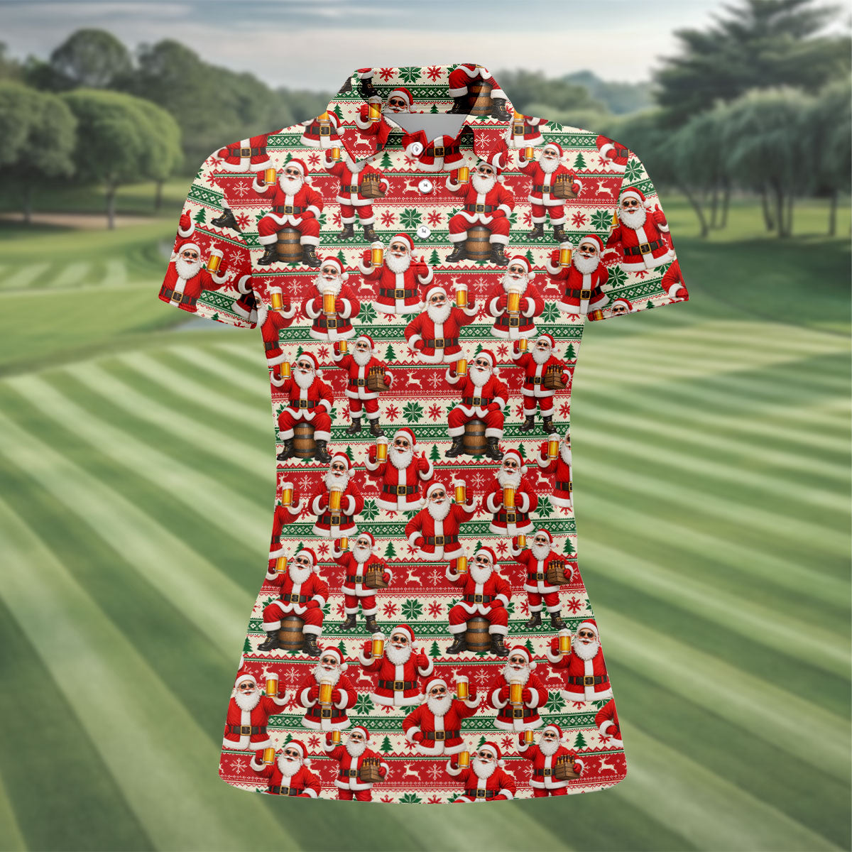 Funny Santa Beer Ugly Sweater Christmas Golf Shirt, Womens Golf Tops, Golf Polo For Women
