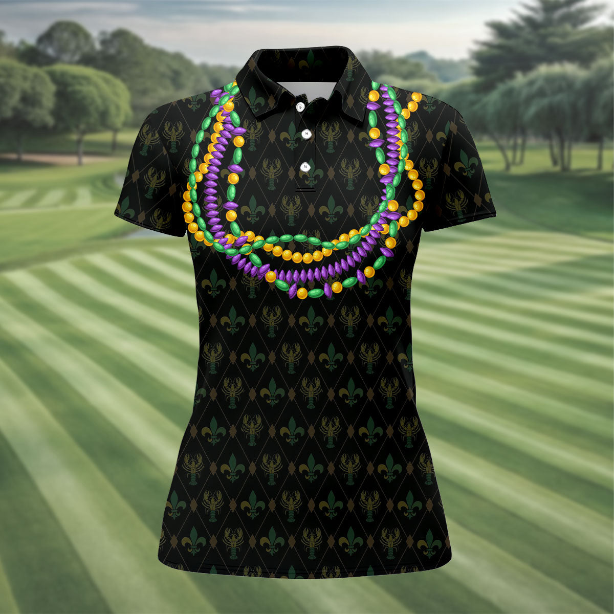 Mardi Gras Beads Chain Crawfish Fleur De Lis Black Golf Shirt, Women's Golf Tops, Ladies Golf Polos