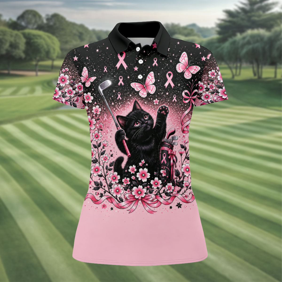 Black Cat Breast Cancer Ribbons Polo Shirt, Womens Golf Tops, Golf Polo For Women