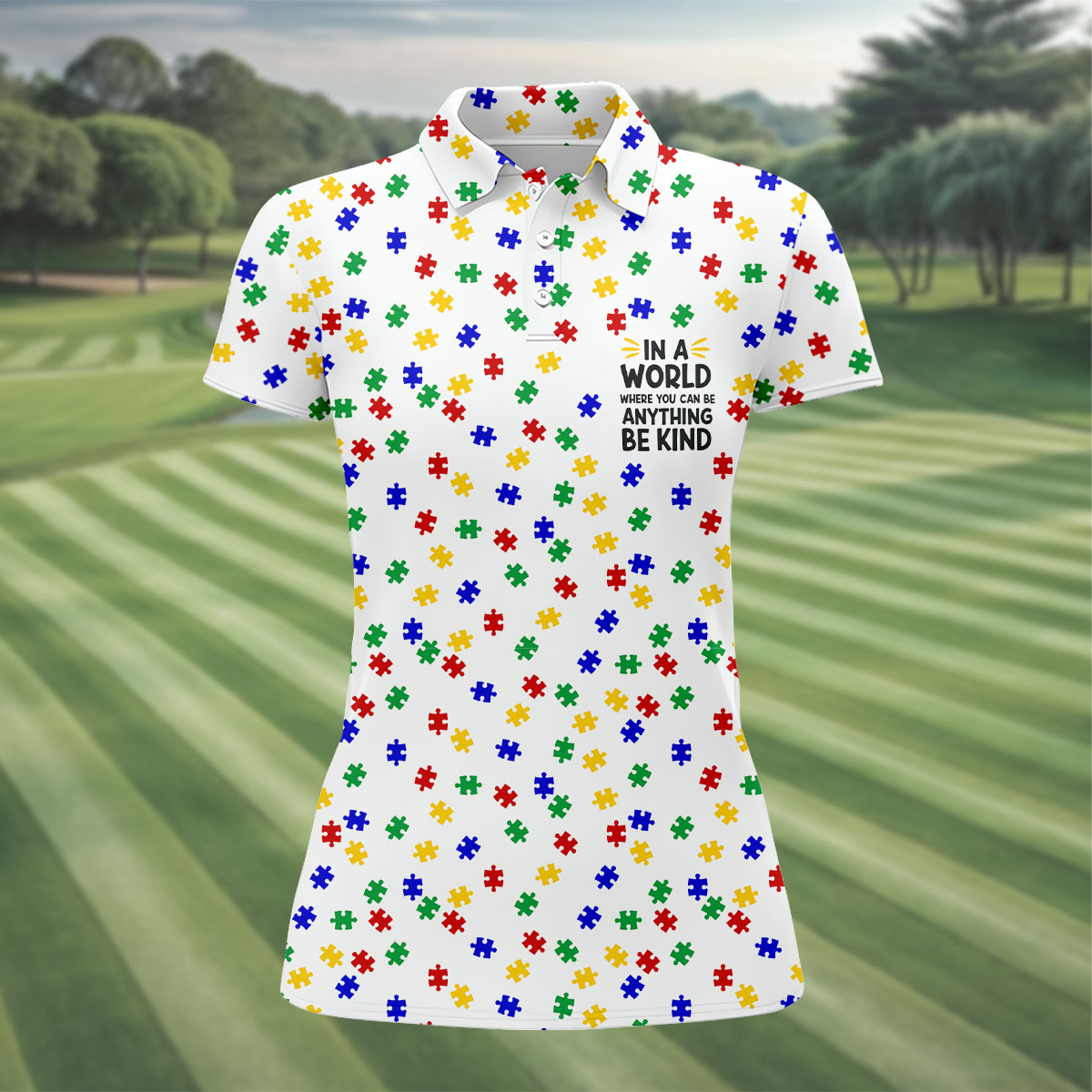 In A World Where You Can Be Anything Be Kind Women's Golf Tops, Autism Awareness Color Ladies Golf Polos