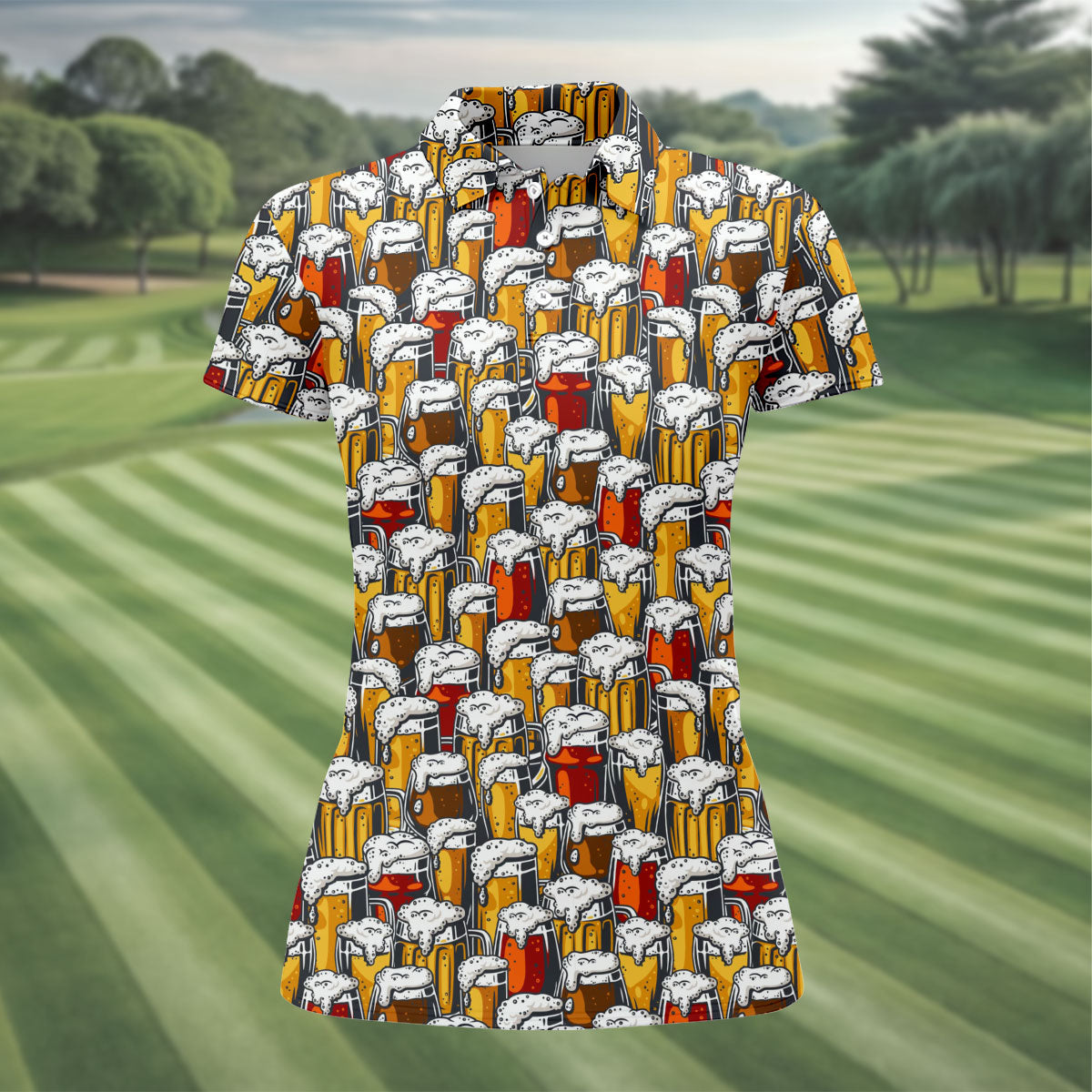 Oktoberfest Beer Glass Pattern Polo Shirt, Golf Shirts For Women, Women’s Golf Apparel