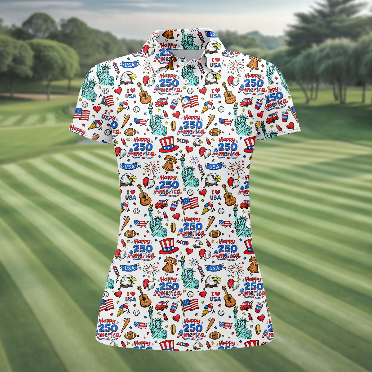 Happy 250 America Independence Celebration White Golf Shirt, Patriotic 4th Of July Golf Shirt For Women