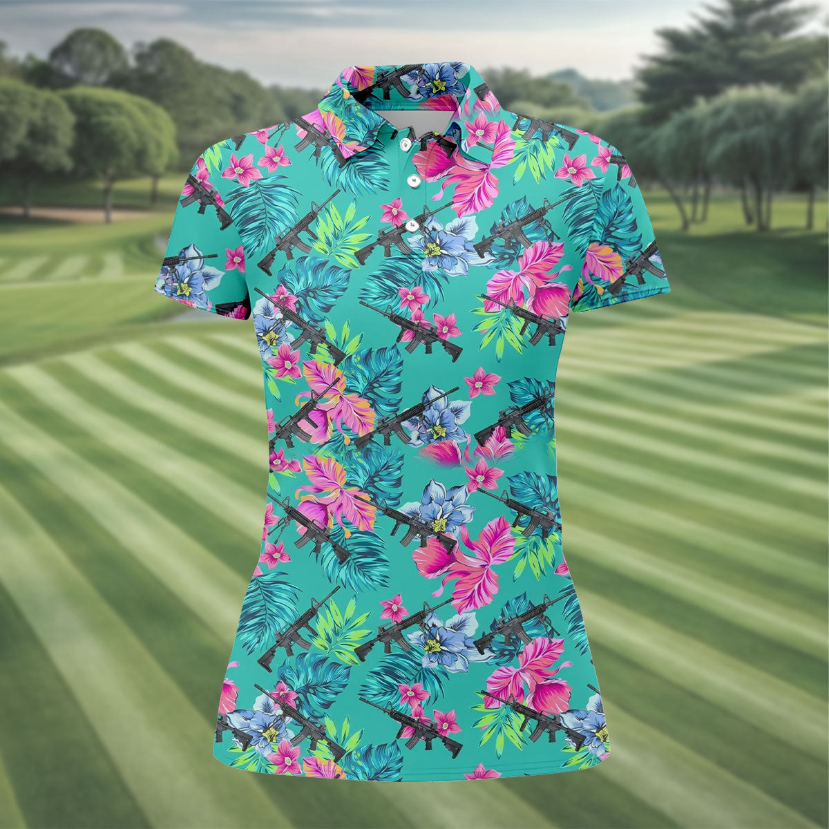 Hawaiian Floral With Army Theme Women Golf Top, Ladies Golf Shirts, Golfing Apparel