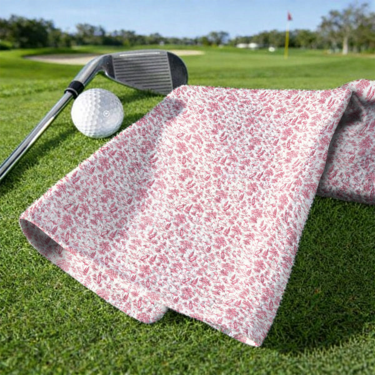 Toile De Jouy Flamingo Golf Towel, Crazy Pink Golf Towels, Golf Gift For Golfer