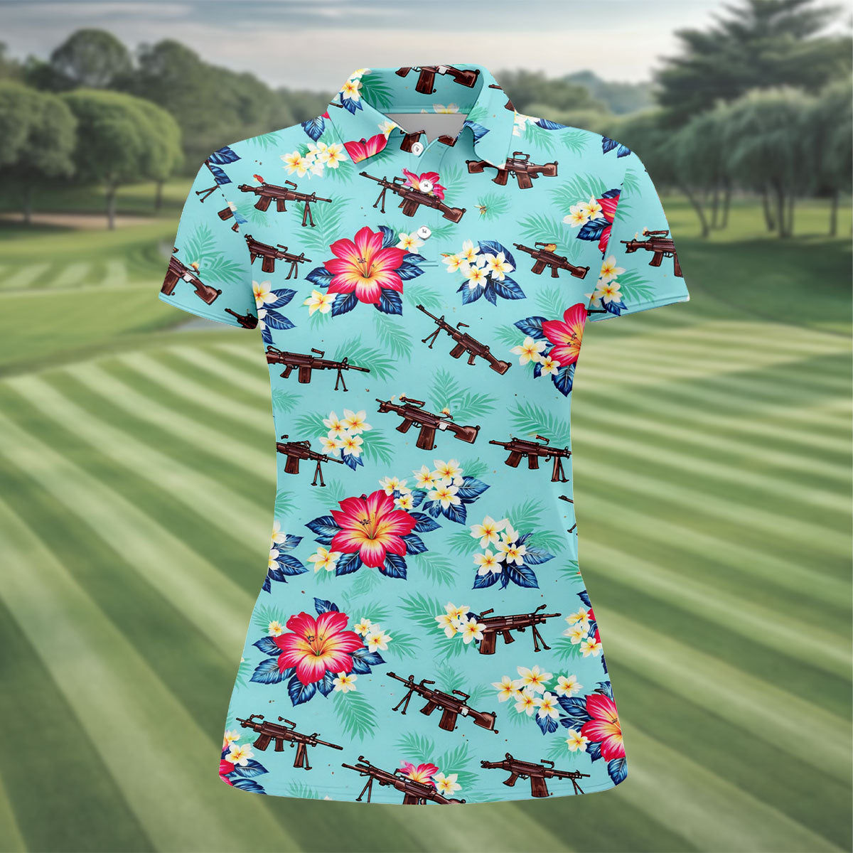 Floral Pattern Army Theme Hawaiian Golf Shirt, Women's Golf Tops, Ladies Golf Shirts