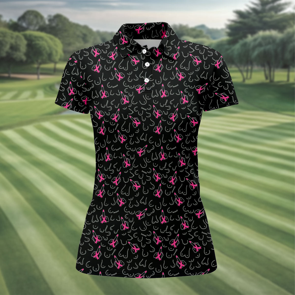 Breast Cancer Ribbon Middle Finger Polo Shirt, Women’s Golf Polo, Golf Shirts For Women