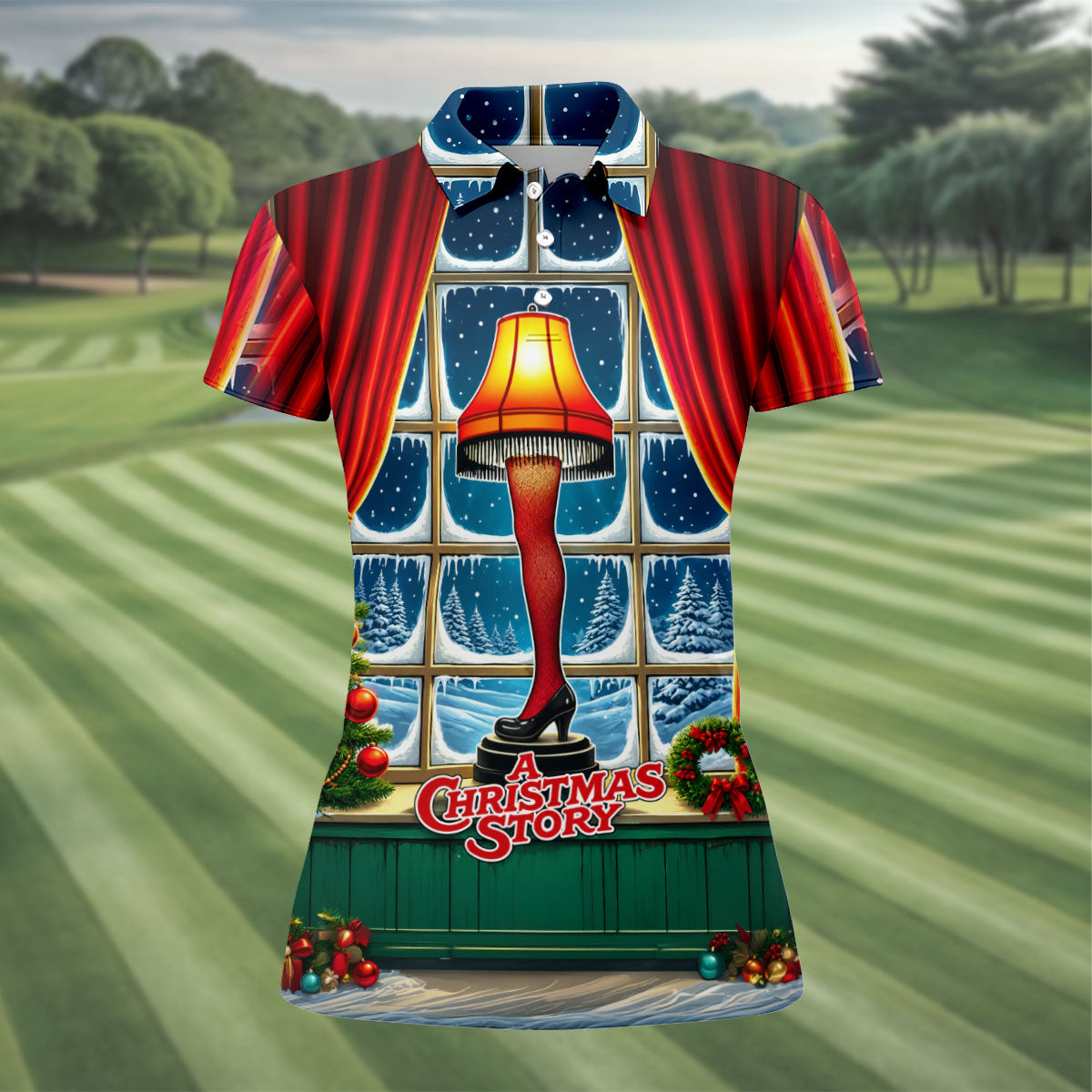 Funny Christmas Leg Lamp Window Golf Polo Shirt, Women’s Golf Polo, Golf Tops For Women
