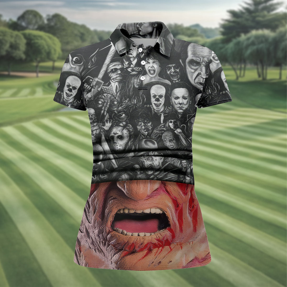 Burned Face Horror Character Halloween Polo Shirt, Womens Golf Tops, Printed Golf Shirt