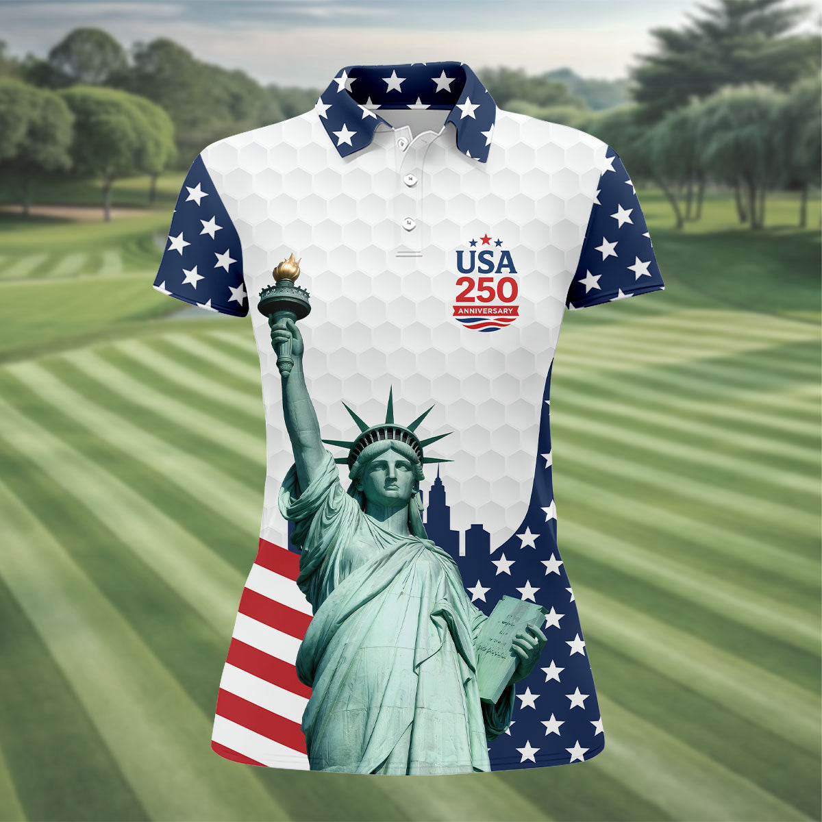 USA 250 Anniversary Statue Of Liberty White Golf Shirt, Patriotic Golf Shirt, 4th Of July Women's Golf Tops