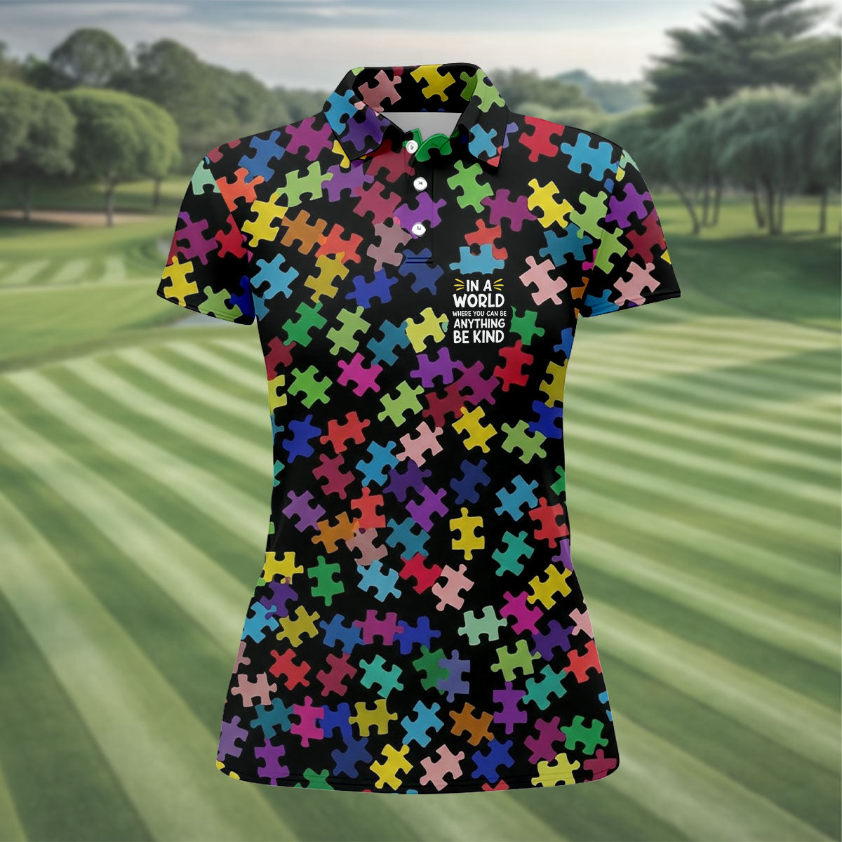 In A World Where You Can Be Anything Be Kind Autism Awareness Puzzle Pattern Golf Shirt For Women, Ladies Golf Polos
