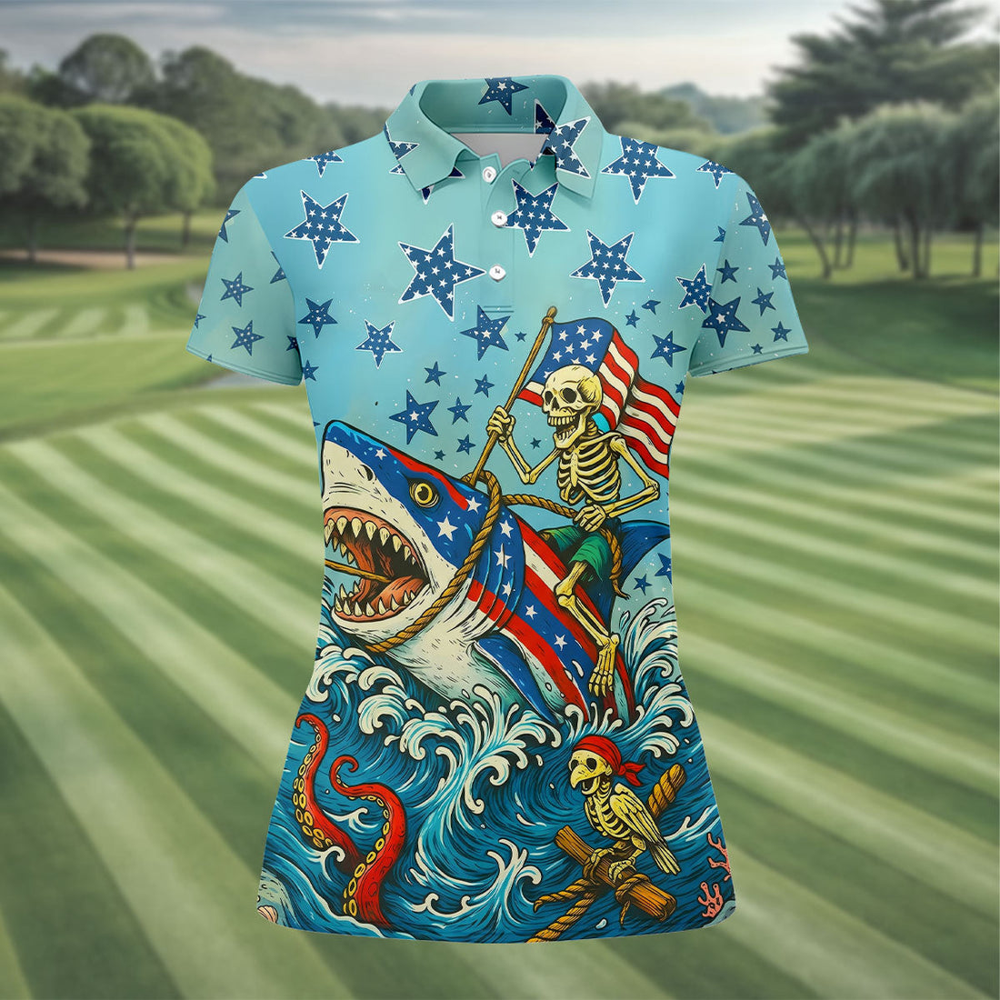 Skeleton Riding Shark Patriotic Golf Shirt, 4th Of July Golf Shirt, 250 Years Golf Shirt For Women