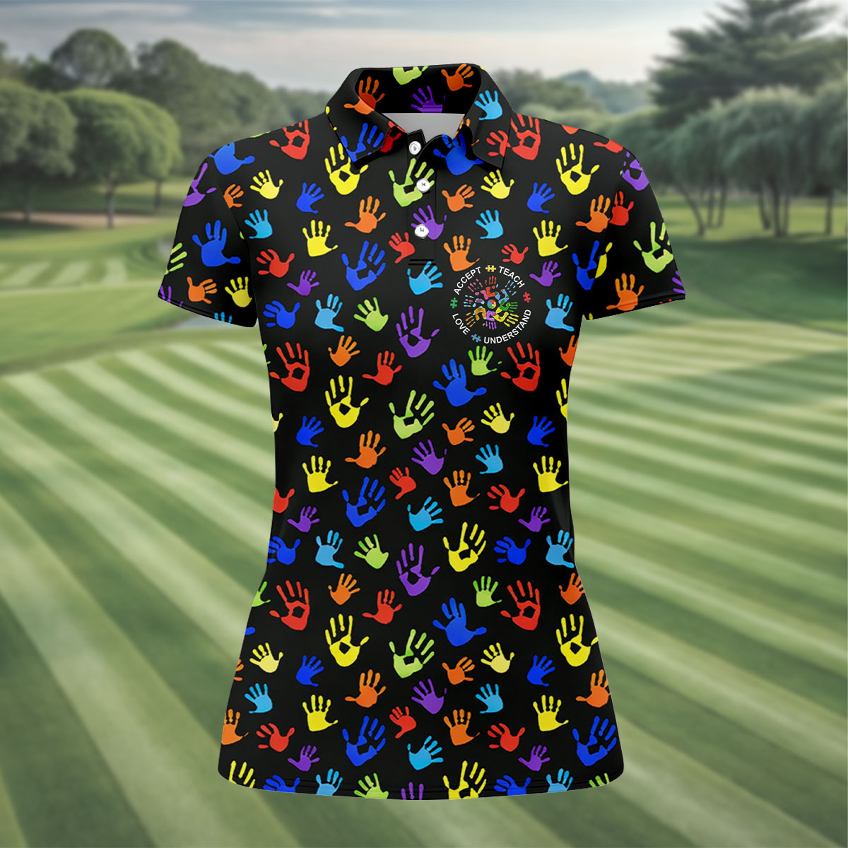 Accept Teach Understand Love Autism Awareness Colorful Handprint Black Golf Shirt, Women's Golf Tops