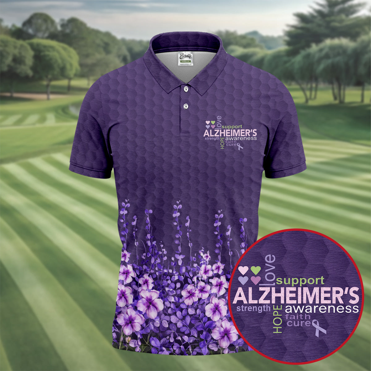 Purple Alzheimer's Awareness Floral Polo Shirt, Golf Polo Shirts For Men, Mens Golf Polo
