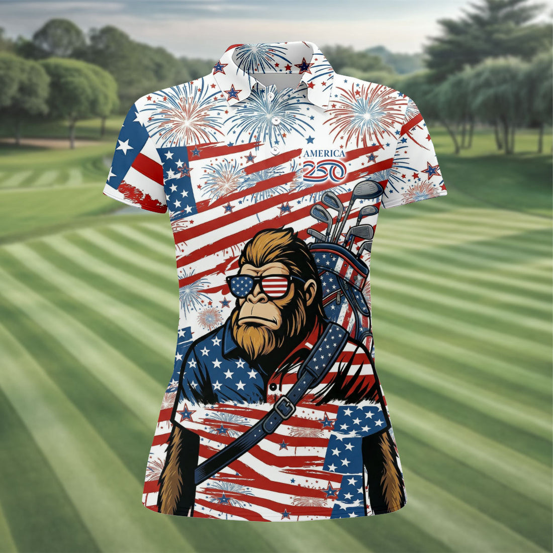 Red White Blue Stars And Stripes 250 Years Bigfoot Golf Shirt, Patriotic 4th Of July Golf Shirt For Women