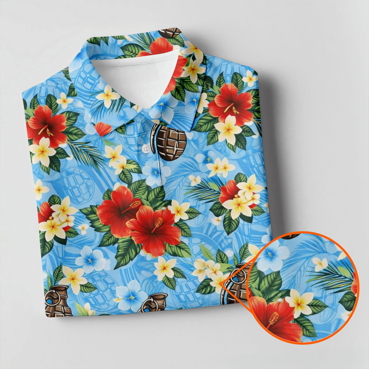 Floral Pattern Army Theme Hawaiian Blue Golf Shirt, Women's Golf Tops, Ladies Golf Shirts