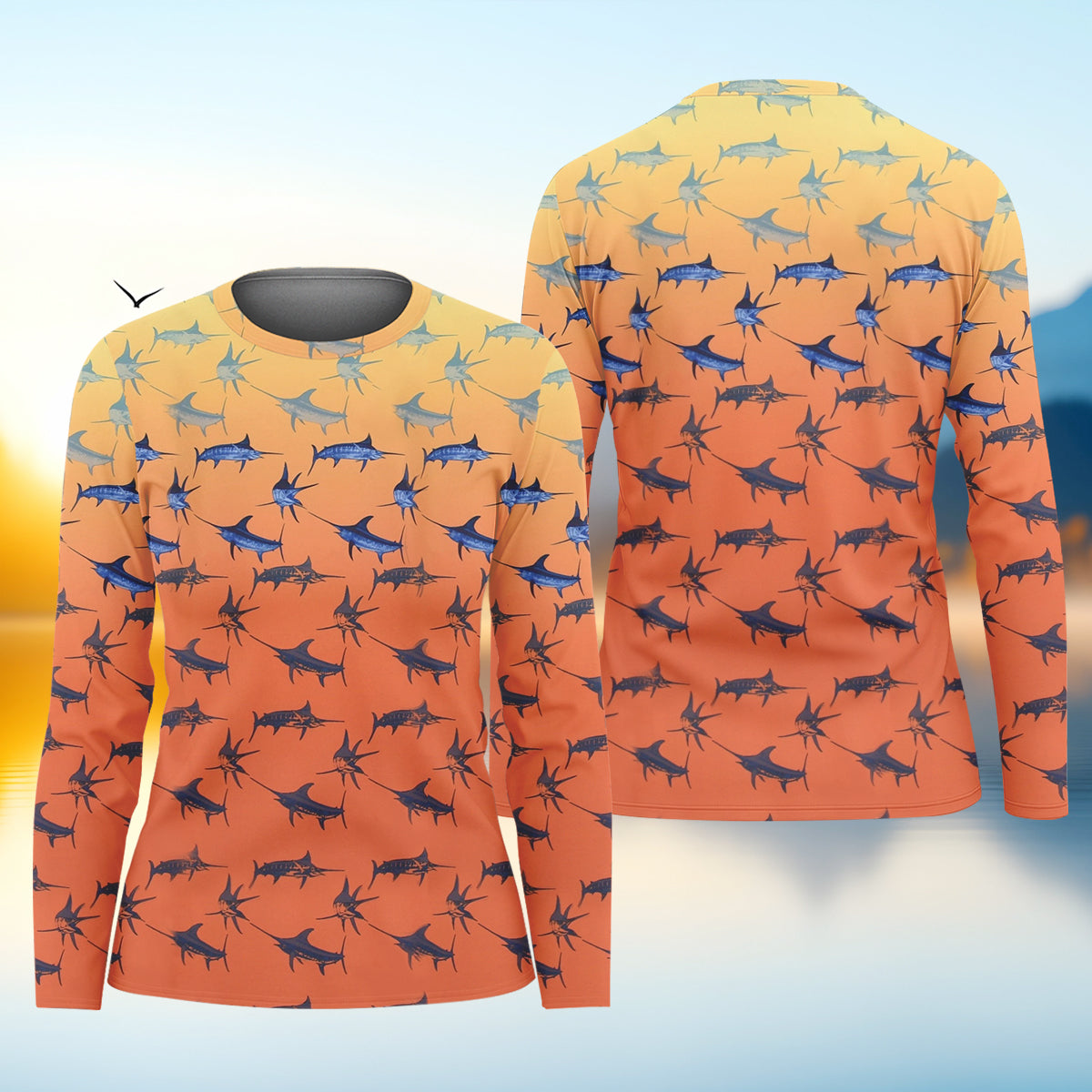 Swordfish Patter Orange Fishing Shirt, Cute Women's Fishing Outfits, Female Fishing Shirts, SPF Shirt