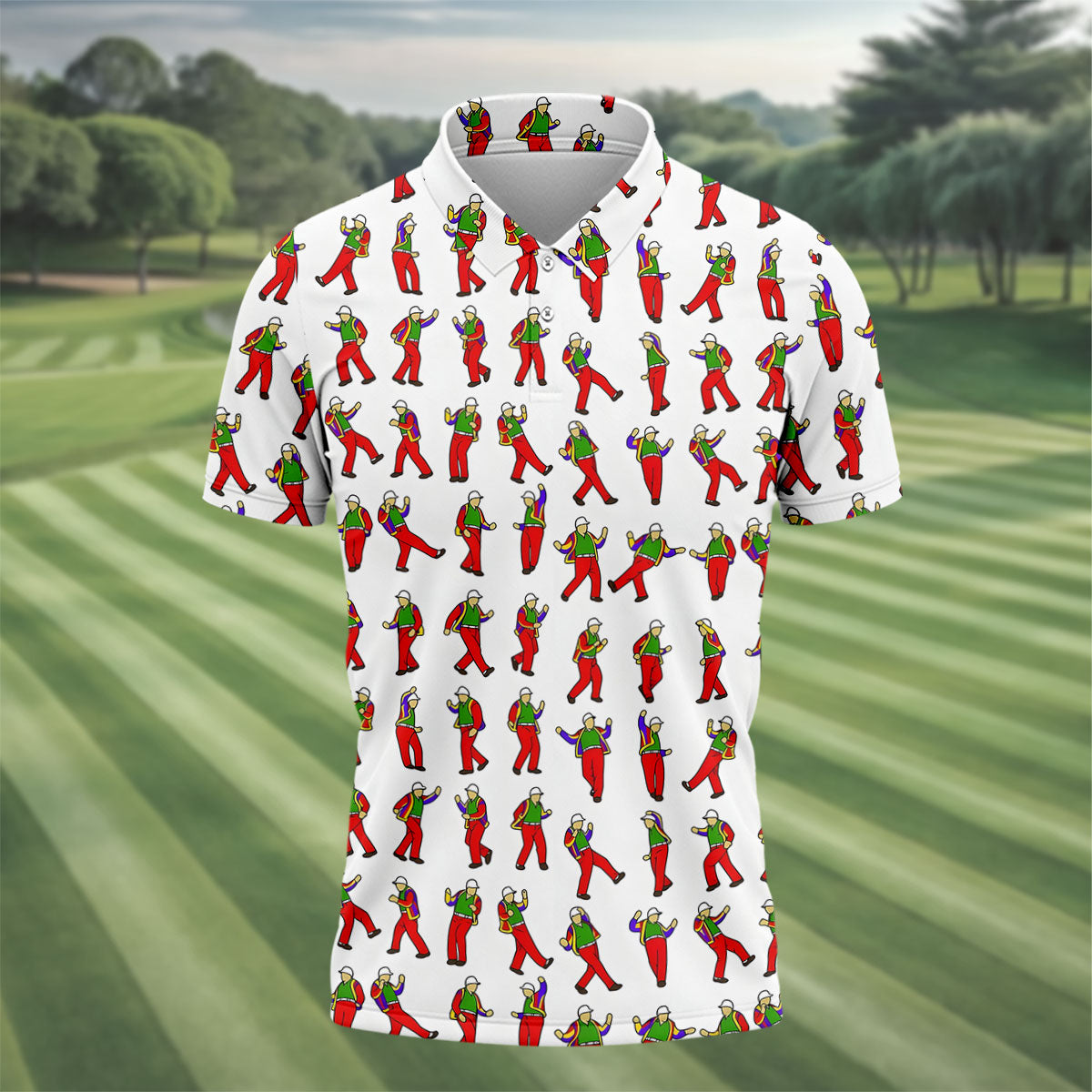 Colorful Dancing Character Pattern Polo Shirt, Hawaiian Golf Shirt, Mens Golf Apparel