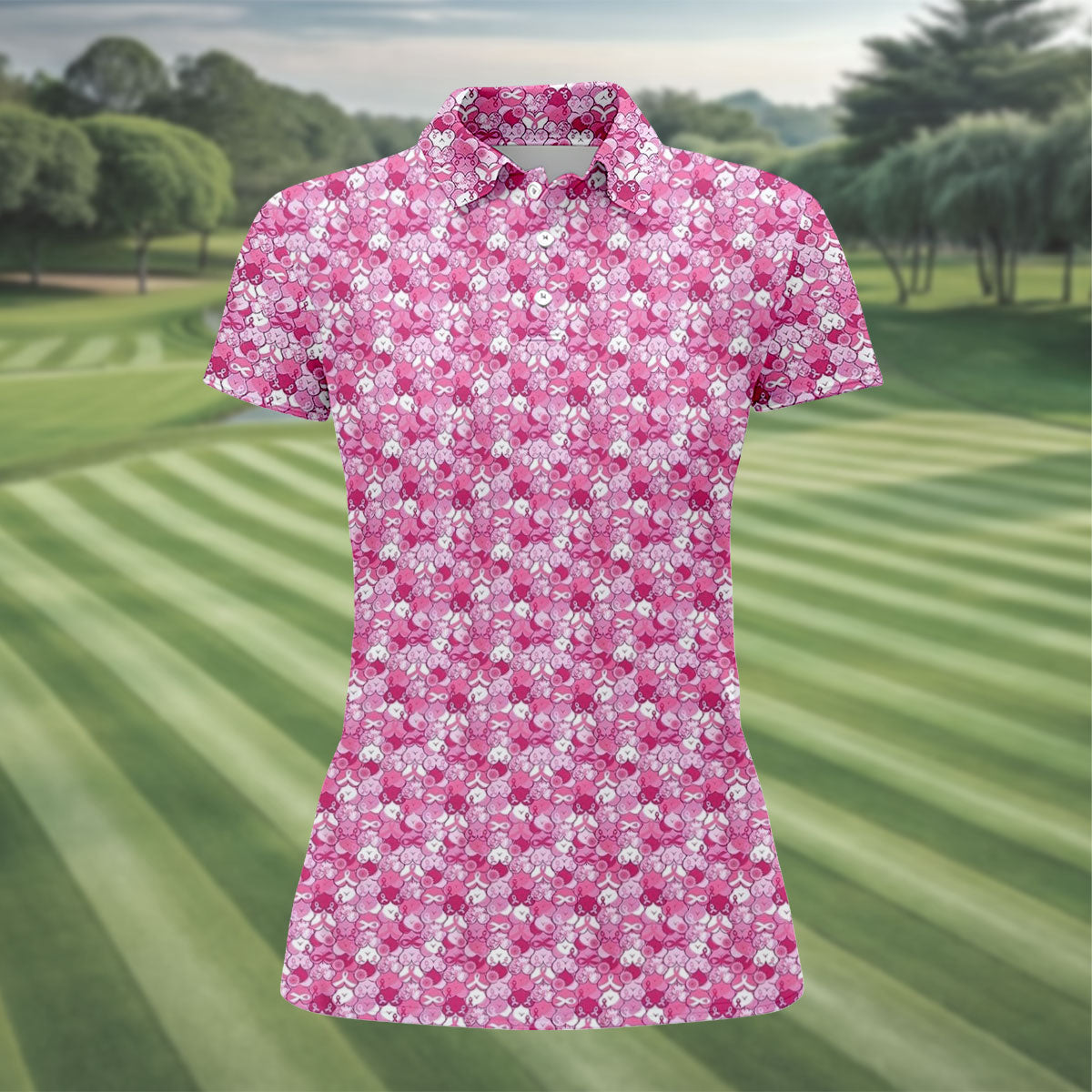 Pink Breast Cancer Hearts And Ribbons Polo Shirt, Golf Tops For Women, Women’s Golf Polo