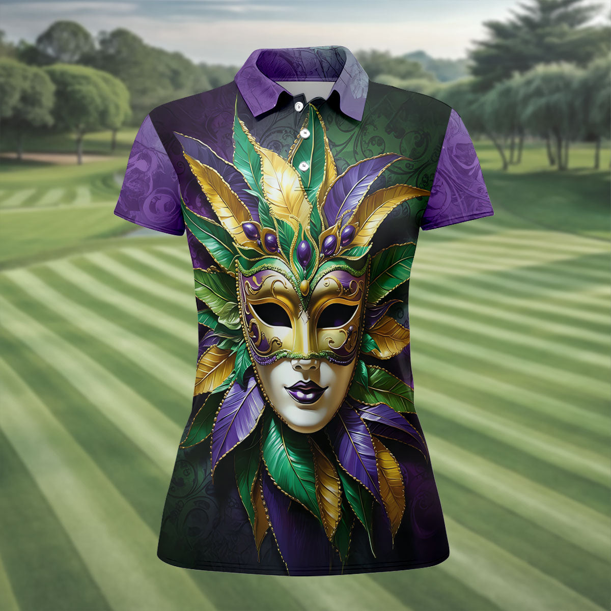 Mardi Gras Festival Mask All Over Print Women's Golf Shirts, Women's Golf Tops, Ladies Golf Shirts