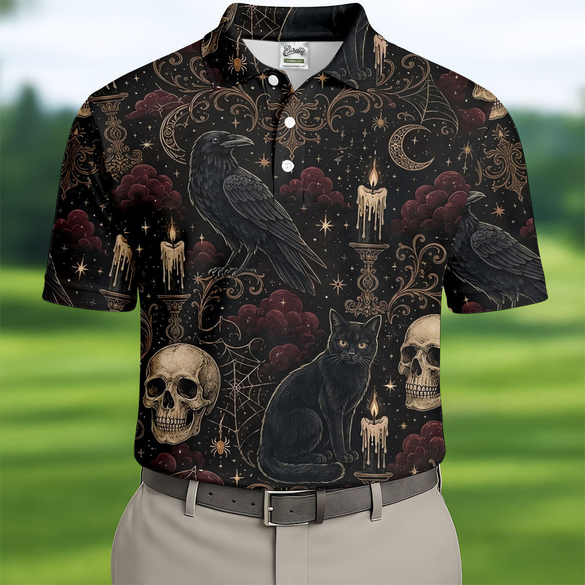 Gothic Raven Black Cat Skull Halloween Polo Shirt, Golf Shirts For Men, Mens Golf Apparel