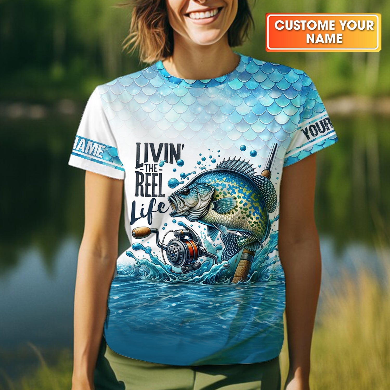 Living The Reel Life Fish Scale Pattern Funny Fishing Shirt, Fishing UPF Shirts, Women Fishing Shirt