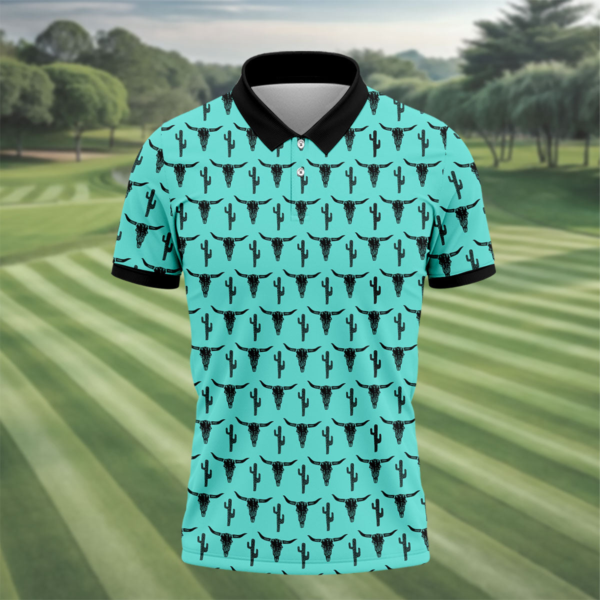 Longhorn Cow Skull Western Theme Peacock Blue Golf Tops For Men, Polo ShirtFor Men, Golf Shirts For Men