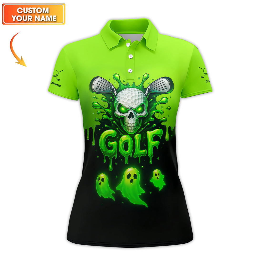 Halloween Golf Polos, Green Skull Golf Shirt For Men, Custom Name Golf Polo, Funny Golf Shirts For Golfers