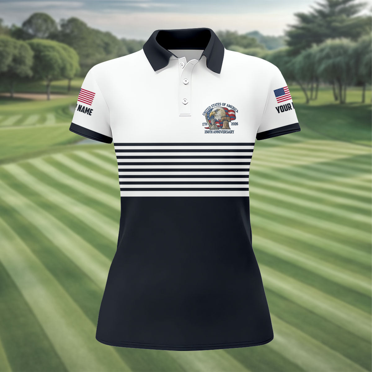 250th Anniversary Black Stripes Vintage Golf Shirt, Patriotic 4th Of July Golf Shirt For Women