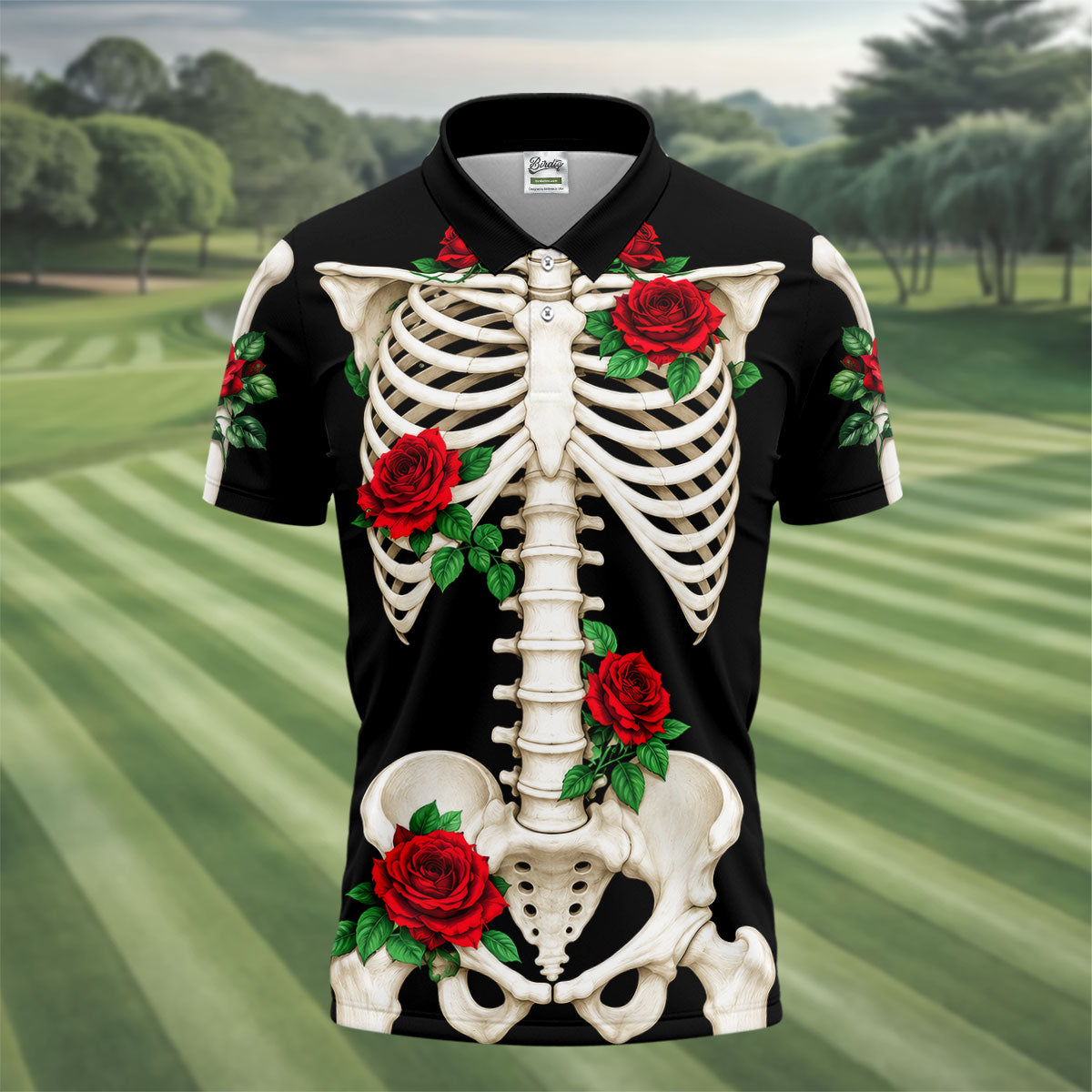 Skeleton Rib Cage And Red Roses Halloween Polo Shirt, Polo Shirts For Men, Mens Golf Shirts
