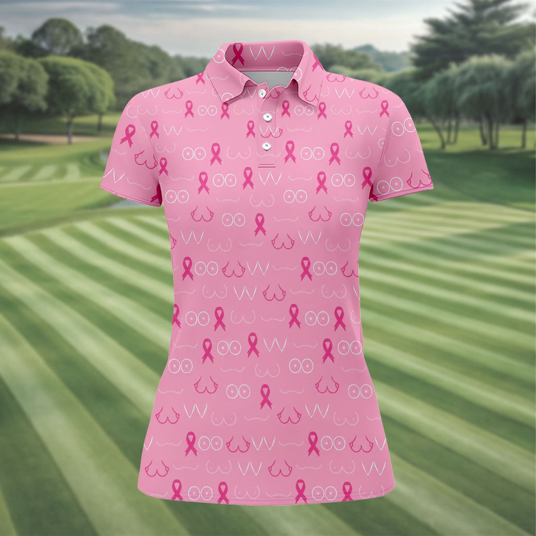 Pink Breast Line Art Breast Cancer Polo Shirt, Women’s Golf Polo, Ladies Golf Shirts