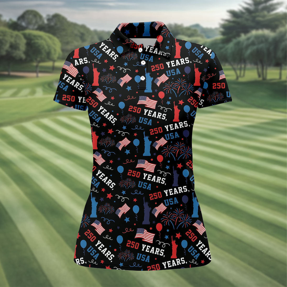 250 Years USA Red White Blue Seamless Pattern Black Golf Shirt, Patriotic 4th Of July Golf Shirt For Women
