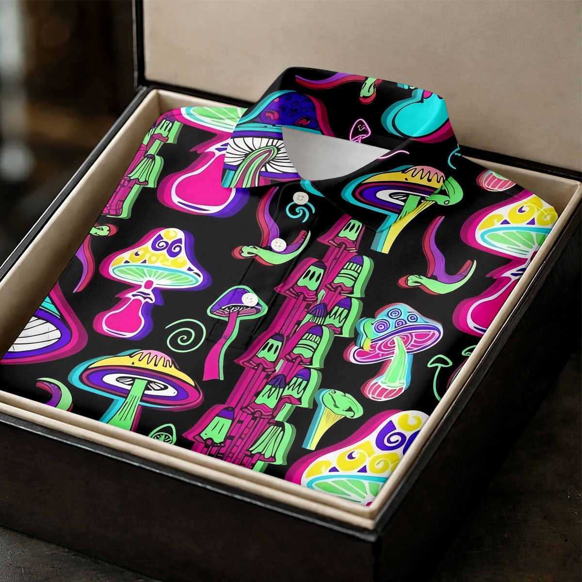 Black Neon Mushroom Pattern Golf Shirt, Women’s Golf Polo, Golf Shirts For Women, Performance Golf Shirt