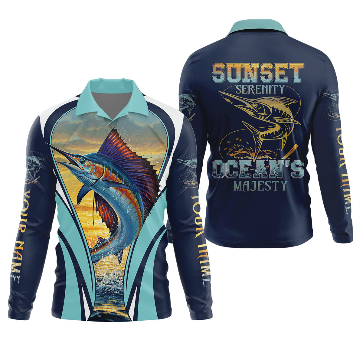 Marlin Fishing Shirts, Sunset Serenity, Ocean's Majesty, SPF Long Sleeve Shirts, Fishing Shirts For Men