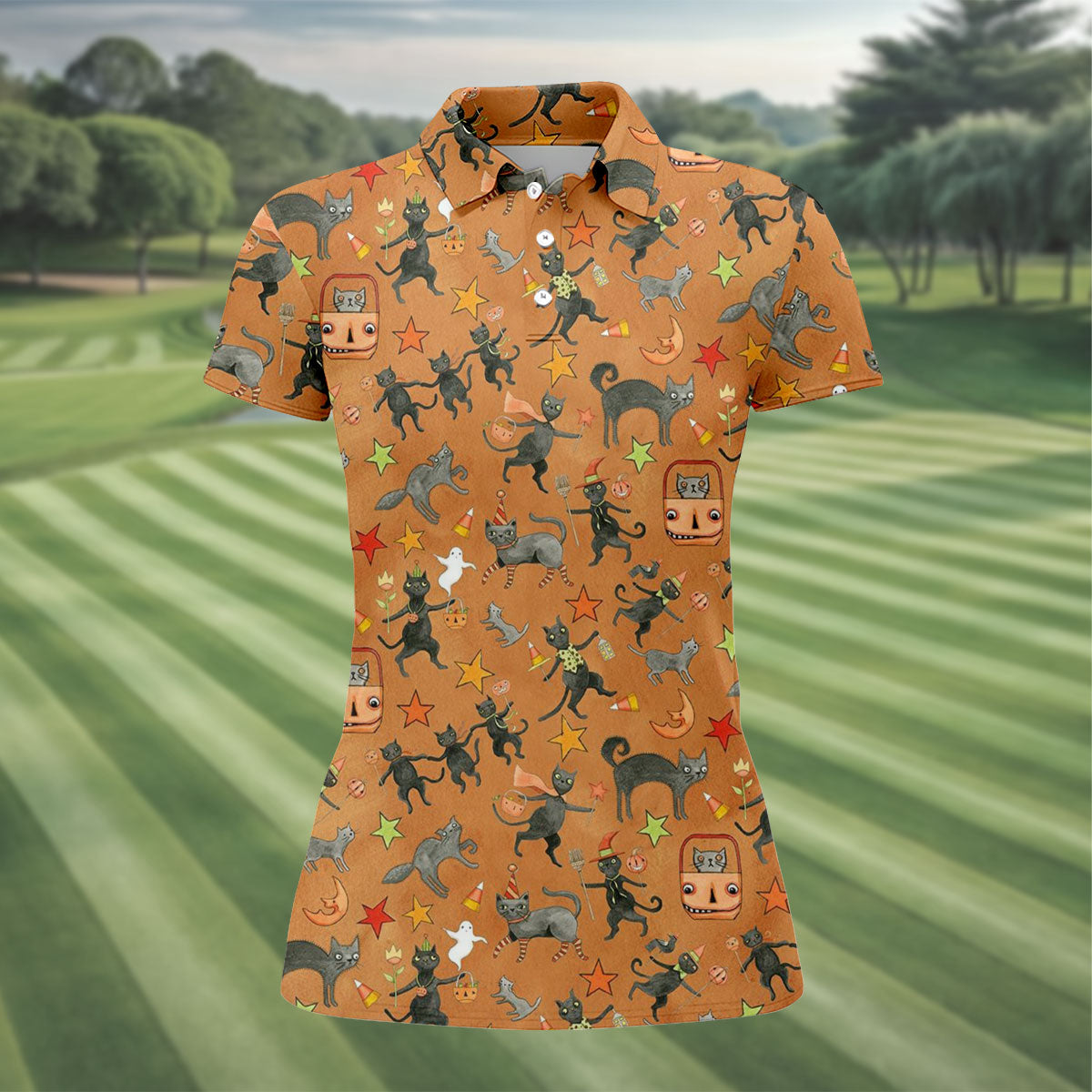Vintage Black Cat Halloween Pattern Polo Shirt, Golf Shirts For Women, Womens Golf Tops
